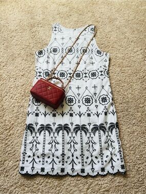 London Times 100% Cotton White with Black Embroidered Detail Midi Dress